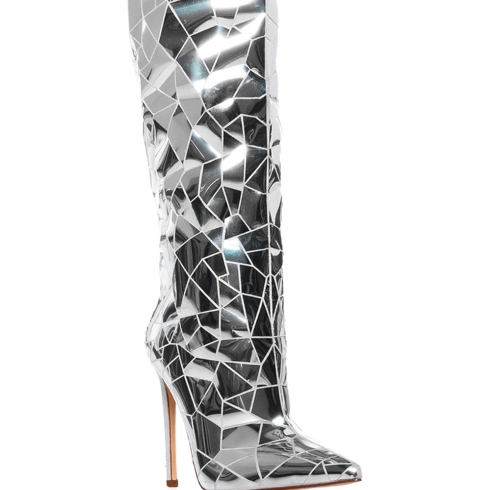 AZALEA WANG "SHATTERED INNOCENCE" Reflective Silver Women's Heeled Boots - Picture 4 of 9